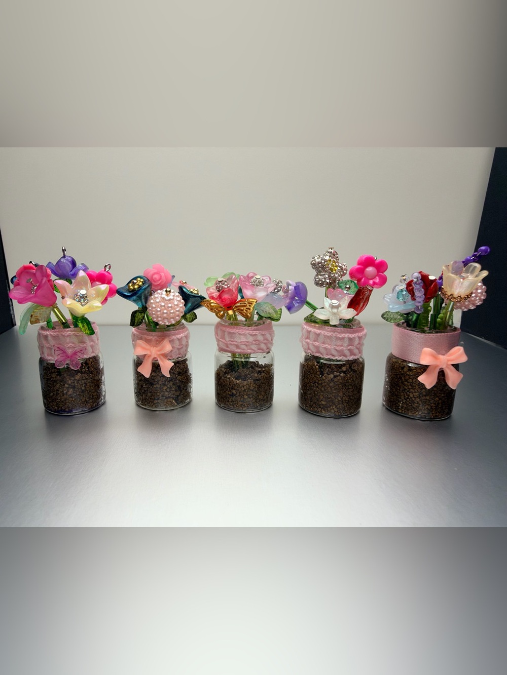 5 Mini Hand Beaded Flowers in a jar Magnet